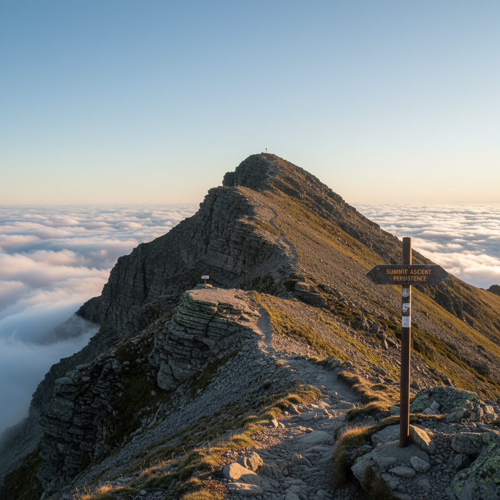 A single, sturdy mountain peak rendered in photographic realism rises from a sea of low clouds, its rocky surface layered with subtle striations and patches of resilient green moss. A narrow, winding trail etched into the stone leads toward the summit, marked by a weathered metal signpost at a small plateau overlooking the clouds. Late afternoon golden light grazes the mountain face from the right, emphasizing texture and casting dramatic but hopeful shadows down the slope. The sky above is crisp, pale blue with a faint gradient toward the horizon. Captured from a slightly elevated, three-quarter angle with strong depth and clear foreground-to-background focus, the scene feels determined, calm, and quietly triumphant, symbolizing steady progress through life’s challenges.