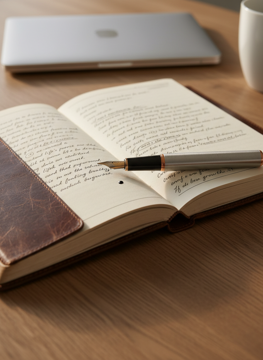 A well-worn leather journal with a rich, dark brown cover and subtle creases lies open on a solid oak desk, its cream pages filled with neat handwritten reflections and underlined phrases. A heavy, brushed-metal fountain pen rests diagonally across the center fold, a small pool of black ink shimmering at the tip. Soft morning light streams through an unseen window from the left, creating gentle highlights on the leather grain and casting elongated, calm shadows across the desk surface. In the softly blurred background, a closed laptop and a ceramic mug suggest quiet focus. Photographic realism, eye-level composition, shallow depth of field, clean and modern mood conveying thoughtful introspection and professional reflection on life’s direction.